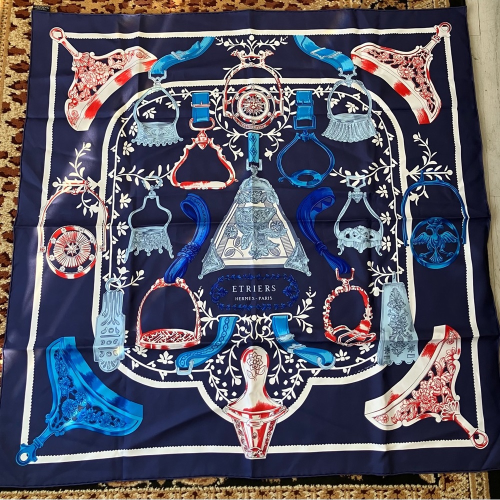 NWOT HERMES 100% silk blue Etriers scarf